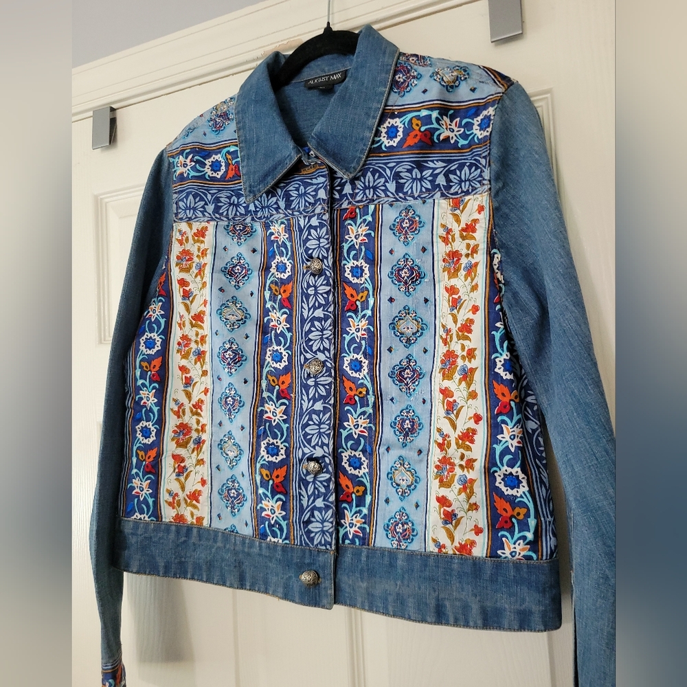 August Max Women’s Silk Blend Jean Jacket Artsy Cottagecore Boho Floral Fairy